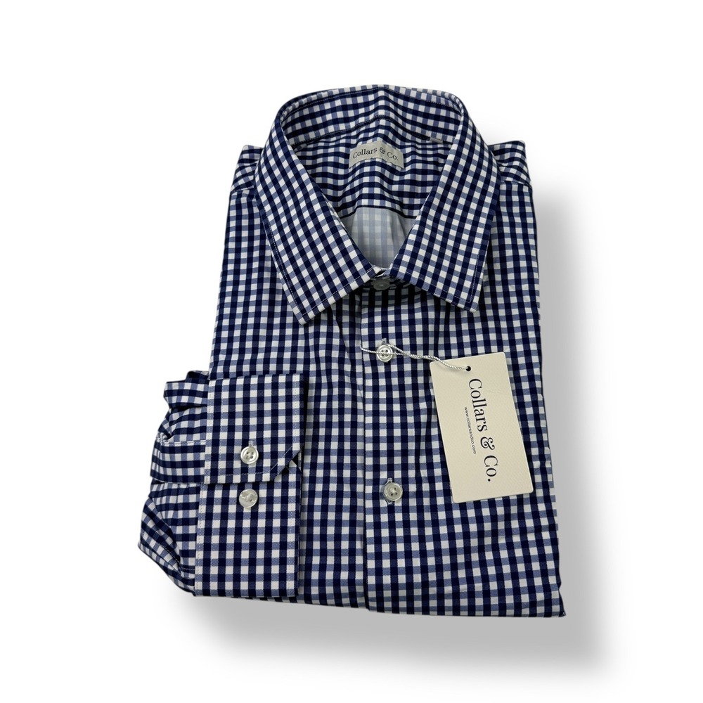 Collars & Co Mens 3XL Navy Gingham Button Down Dress Shirt Stretch Nylon NWT‎